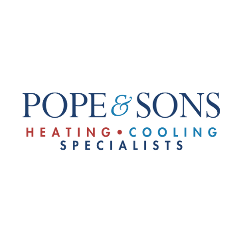 Pope and Sons Heating and Cooling Specialists logo in red and blue