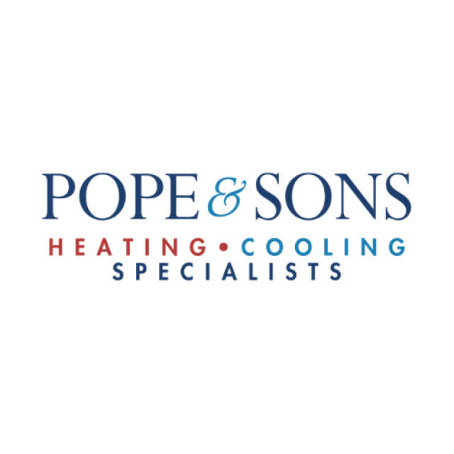 Pope and Sons Heating and Cooling Specialists logo in red and blue