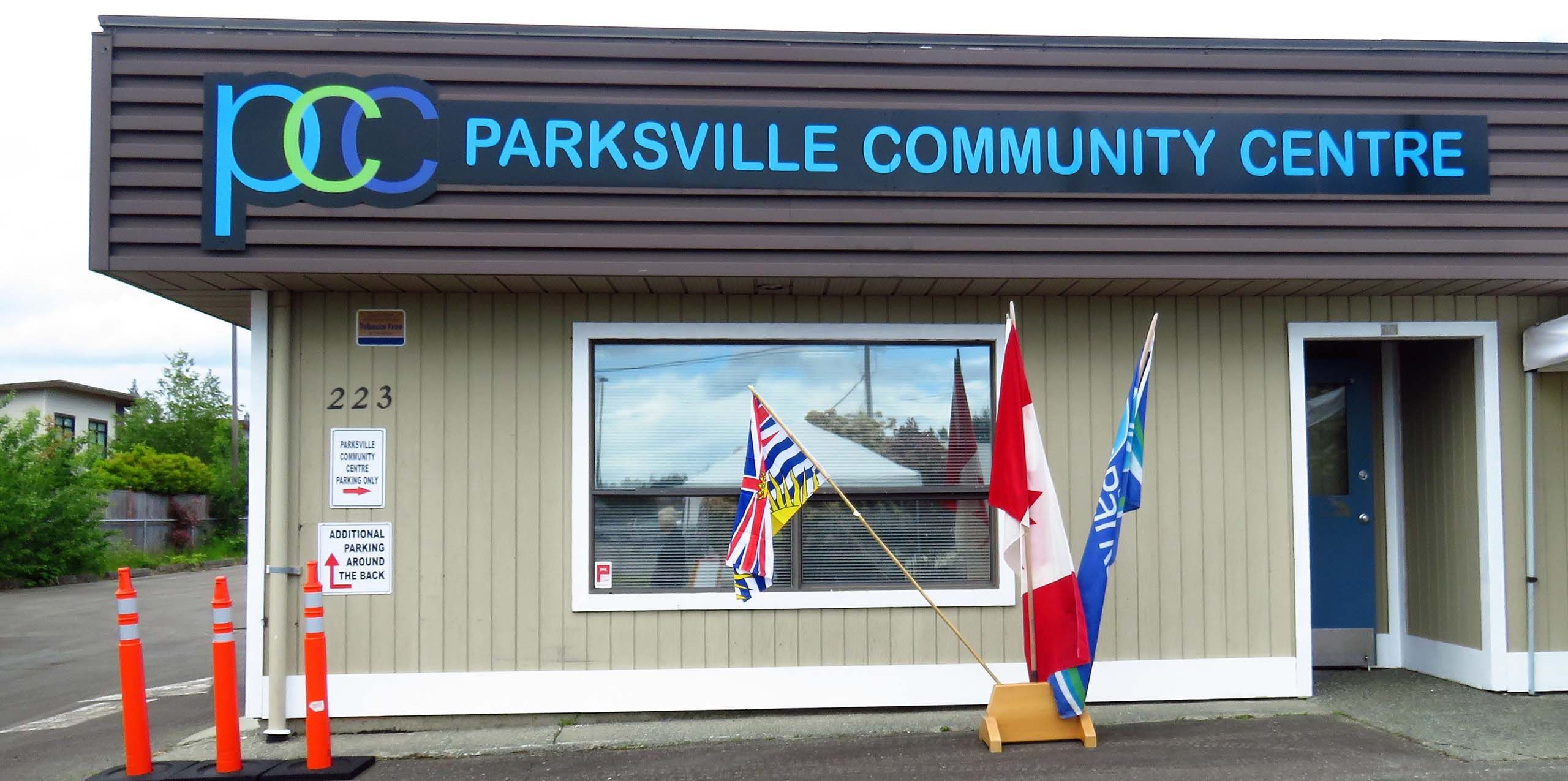 Parksville Community Centre signage with flags