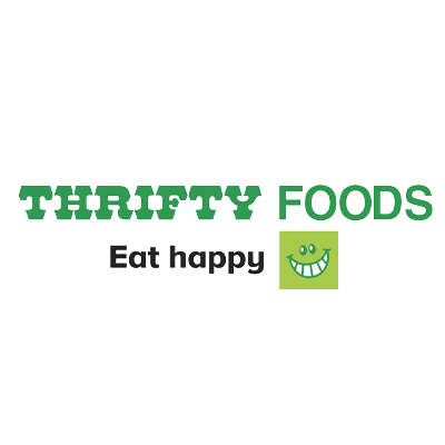 Thrifty Foods logo green with eat happy text and green smiling face